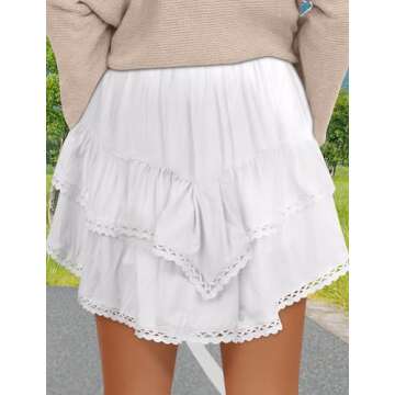 AURUZA Flowy Shorts for Women, Ruffle Tiered High Waist Pleated Boho Casual Swing Beach Mini Skirt Golf Tennis Crochet Shorts White