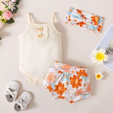 GRNSHTS Infants Baby Girls Summer Shorts Set Knit Sleeveless Romper Bodysuit+Floral Bloomers+Headband Clothes Outfit (Beige, 6-12Months)