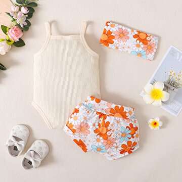 GRNSHTS Infants Baby Girls Summer Shorts Set Knit Sleeveless Romper Bodysuit+Floral Bloomers+Headband Clothes Outfit (Beige, 6-12Months)