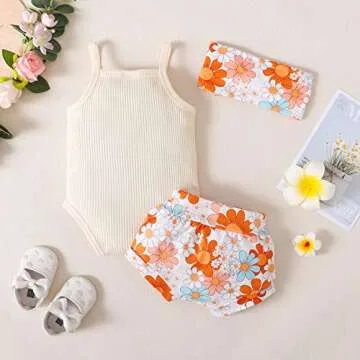 GRNSHTS Infants Baby Girls Summer Shorts Set Knit Sleeveless Romper Bodysuit+Floral Bloomers+Headband Clothes Outfit (Beige, 6-12Months)