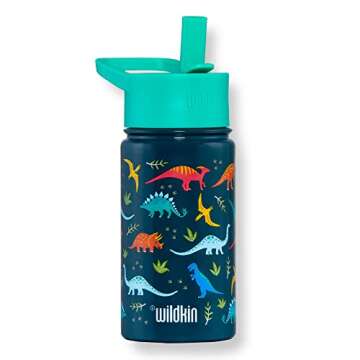 Wildkin Kids 14 oz Reusable BPA-Free Stainless Steel Water Bottle with Leak Proof Lid for Boys & Girls, Insulated, Durable, and Easy to Clean Water Bottles for Toddlers - Jurassic Dinosaurs