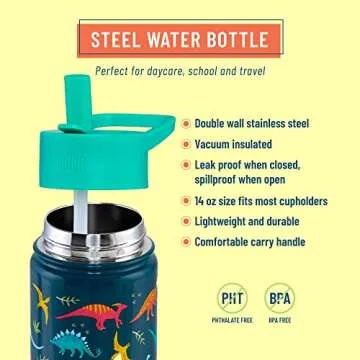 Wildkin Kids 14 oz Reusable BPA-Free Stainless Steel Water Bottle with Leak Proof Lid for Boys & Girls, Insulated, Durable, and Easy to Clean Water Bottles for Toddlers - Jurassic Dinosaurs