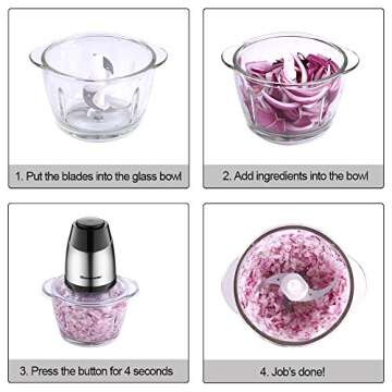 Electric Food Chopper, 5-Cup Food Processor by Homeleader, 1.2L Glass Bowl Grinder for Meat, Vegetables, Fruits and Nuts, Stainless Steel Motor Unit and 4 Sharp Blades, 300W