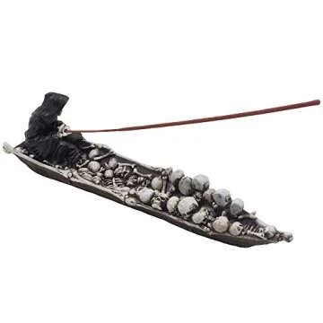 Home 'n Gifts Spooky Grim Reaper in Fishing Boat of Skulls Decorative Incense Holder for Scary Hallo...