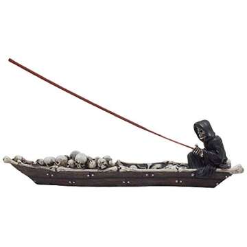 Home 'n Gifts Spooky Grim Reaper in Fishing Boat of Skulls Decorative Incense Holder for Scary Halloween Decorations or Gothic Home Decor Incense Burners and Aromatherapy, Multicolor