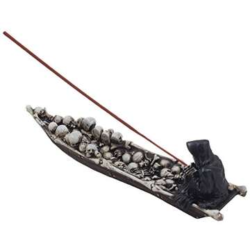 Home 'n Gifts Spooky Grim Reaper in Fishing Boat of Skulls Decorative Incense Holder for Scary Halloween Decorations or Gothic Home Decor Incense Burners and Aromatherapy, Multicolor
