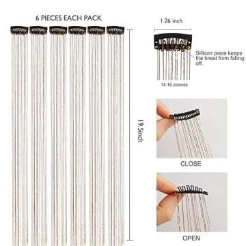 SEPTBEAM Clip in Hair Tinsel Extensions Golden Highlights for Hair 20.5 Inch 6pcs Each Pack Multi-Colors Gold Synthetic Hair Extensions for Party, Christmas, New Year, Halloween, Cosplay(Golden)