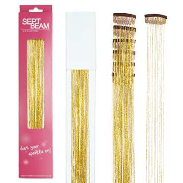 SEPTBEAM Clip in Hair Tinsel Extensions Golden Highlights for Hair 20.5 Inch 6pcs Each Pack Multi-Colors Gold Synthetic Hair Extensions for Party, Christmas, New Year, Halloween, Cosplay(Golden)