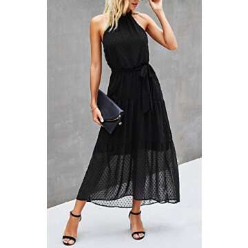 PRETTYGARDEN Women’s Casual Halter Neck Sleeveless Floral Long Maxi Dress Backless Loose Ruffle Su...