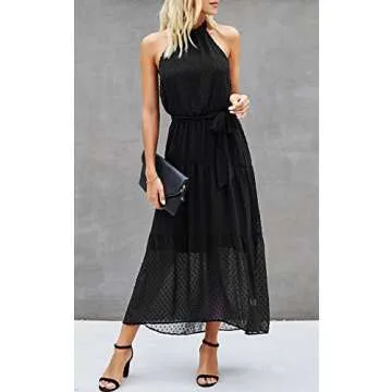 PRETTYGARDEN Women’s Casual Halter Neck Sleeveless Floral Long Maxi Dress Backless Loose Ruffle Sundress with Belt (Solid Black,Small)