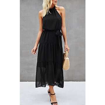 PRETTYGARDEN Women’s Casual Halter Neck Sleeveless Floral Long Maxi Dress Backless Loose Ruffle Sundress with Belt (Solid Black,Small)