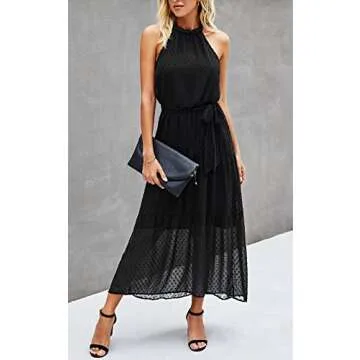 PRETTYGARDEN Women’s Casual Halter Neck Sleeveless Floral Long Maxi Dress Backless Loose Ruffle Sundress with Belt (Solid Black,Small)