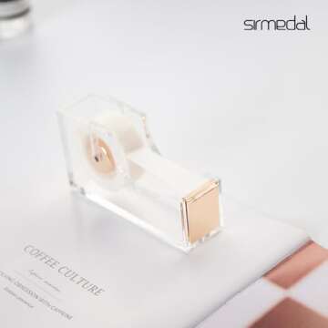SIRMEDAL Contemporary Ultra Clear Acrylic Gold Quality Tape Dispenser Single Hand Dispensing Acrylic Gold Tape Dispenser, Tape Dispenser for Modern Design Office Desktop