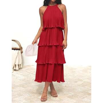 ZESICA Women's 2024 Summer Sleeveless Halter Neck Ruffle Tiered Layed Chiffon Flowy Swing Long Midi Dress,Red,Small