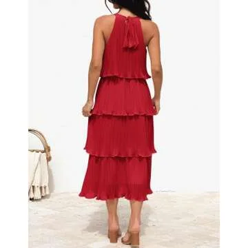 ZESICA Women's 2024 Summer Sleeveless Halter Neck Ruffle Tiered Layed Chiffon Flowy Swing Long Midi Dress,Red,Small