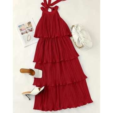 ZESICA Women's 2024 Summer Sleeveless Halter Neck Ruffle Tiered Layed Chiffon Flowy Swing Long Midi Dress,Red,Small