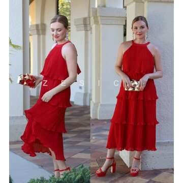 ZESICA Women's 2024 Summer Sleeveless Halter Neck Ruffle Tiered Layed Chiffon Flowy Swing Long Midi Dress,Red,Small