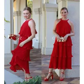 ZESICA Women's 2024 Summer Sleeveless Halter Neck Ruffle Tiered Layed Chiffon Flowy Swing Long Midi Dress,Red,Small