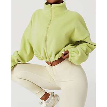 QINSEN Full Zip Fleece Jacket for Women Active Winter Warm Crop Sweatshirt Drawstring Fit Coat Lime Green L