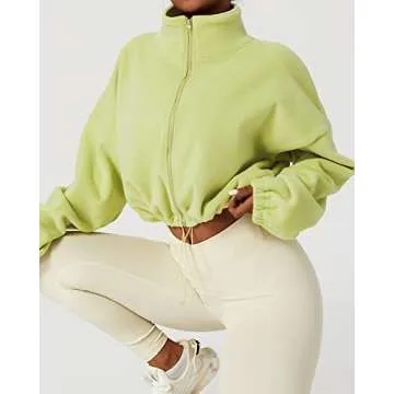 QINSEN Full Zip Fleece Jacket for Women Active Winter Warm Crop Sweatshirt Drawstring Fit Coat Lime Green L
