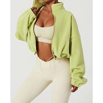 QINSEN Full Zip Fleece Jacket for Women Active Winter Warm Crop Sweatshirt Drawstring Fit Coat Lime Green L