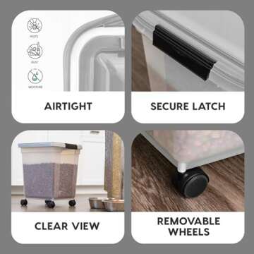 IRIS USA WeatherPro Airtight Dog Food Storage Container, Up to 25 lbs, Removable Wheels, for Dog Cat Bird and Other Pet Food Storage Bin, Keep Fresh, Translucent Body, Clear/Gray