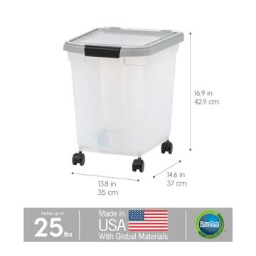IRIS USA WeatherPro Airtight Dog Food Storage Container, Up to 25 lbs, Removable Wheels, for Dog Cat Bird and Other Pet Food Storage Bin, Keep Fresh, Translucent Body, Clear/Gray