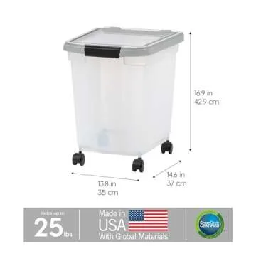 IRIS USA WeatherPro Airtight Dog Food Storage Container, Up to 25 lbs, Removable Wheels, for Dog Cat Bird and Other Pet Food Storage Bin, Keep Fresh, Translucent Body, Clear/Gray