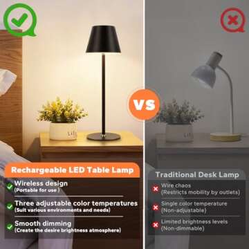 Cordless Table Lamp, Rechargeable LED Night Light, 3 Color Stepless Dimmable Desk Lamp, Minimalist Portable Table Lamp, Battery Operated Lamp for Home Couple Dinner Restaurant Bedroom Cafe Camping