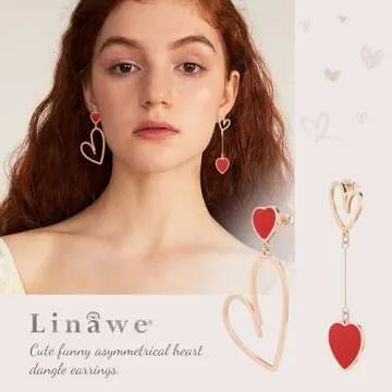 Linawe Red Heart Dangle Earrings for Women Trendy, Rose Gold Drop Earrings Dangling, Titanium Stainl...