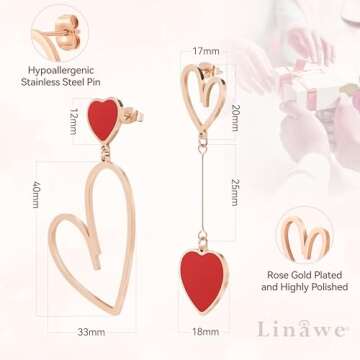 Linawe Red Heart Dangle Earrings for Women Trendy, Rose Gold Drop Earrings Dangling, Titanium Stainless Steel Hypoallergenic Cute Asymmetrical Mismatched Love Earrings Jewelry