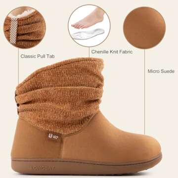 LongBay Women's Warm Chenille Knit Bootie Slippers Memory Foam Comfy Suede Fluffy Faux Fur Memory Foam Boots House Shoes