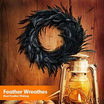 18 inch Black Feather Wreath, Halloween decoration