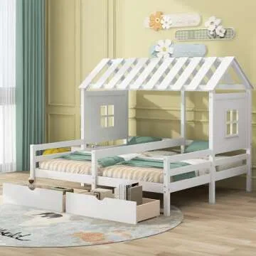 KLMM Double Twin Size House Platform Beds with Two Drawers, Wooden Bed Frame with Roof and Window, Bedroom Furniture, Can be Decorated Tent (White-Double Twin)