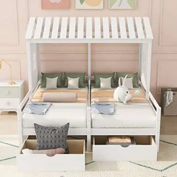 KLMM Double Twin Size House Platform Beds with Two Drawers, Wooden Bed Frame with Roof and Window, Bedroom Furniture, Can be Decorated Tent (White-Double Twin)