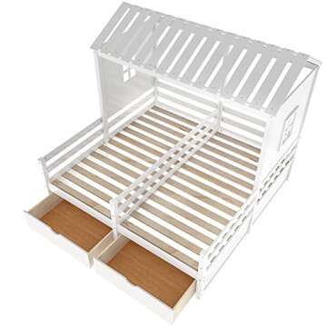 KLMM Double Twin Size House Platform Beds with Two Drawers, Wooden Bed Frame with Roof and Window, Bedroom Furniture, Can be Decorated Tent (White-Double Twin)