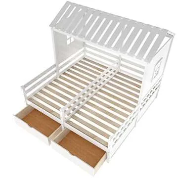KLMM Double Twin Size House Platform Beds with Two Drawers, Wooden Bed Frame with Roof and Window, Bedroom Furniture, Can be Decorated Tent (White-Double Twin)