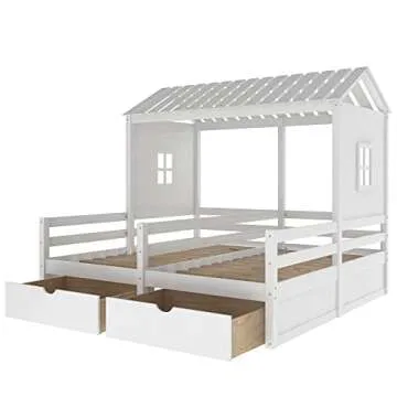 KLMM Double Twin Size House Platform Beds with Two Drawers, Wooden Bed Frame with Roof and Window, Bedroom Furniture, Can be Decorated Tent (White-Double Twin)