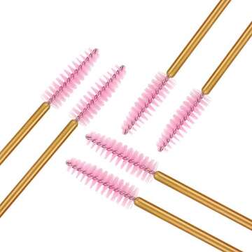 300 Pack Mascara Wand Eyelash Brush Disposable Eye Lash Applicator Makeup Tool Kit, Gold/Pink