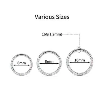 PEAKLINK 16G 10mm Clear AB Cz Segment Ring Septum Clicker Ring Daith Piercing Surgical Steel Tragus ...