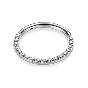 PEAKLINK 16G 10mm Clear AB Cz Segment Ring Septum Clicker Ring Daith Piercing Surgical Steel Tragus Cartilage Conch Helix Piercing Jewelry Nose Ring Hoop Silver Earring For Women