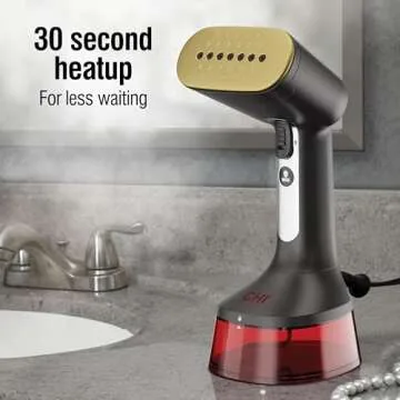 CHI Handheld Garment Steamer for Clothes, 2 Continuous Steam Modes, Full-Size 300 ml Capacity Water Tank, Ergonomic Handle, Vacation Essentials, 1600 Watts, 10’ Cord, Red (11590)