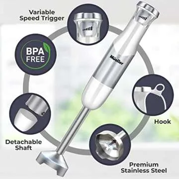 Mueller Pro Series Hand Blender, 500W Immersion Blender, Heavy-Duty Titanium Steel Blades, Stepless Speed Control, Detachable Shaft, Ergonomic Handle, White