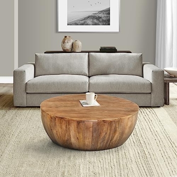 Handcrafted Drum Shape Wooden Coffee Table for Farmhouse Style