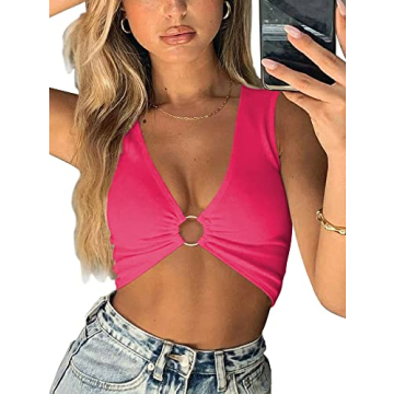 AEVZIV Sexy Crop Tops for Women Sleeveless Deep V Neck Workout Tops Plunge Ring Cleavage Cropped Tan...