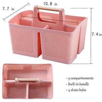 rejomiik Portable Shower Caddy Basket Plastic Cleaning Caddy Organizer Storage Tote with Handle for Bathroom, College, Dorm Room Essentials, Pink