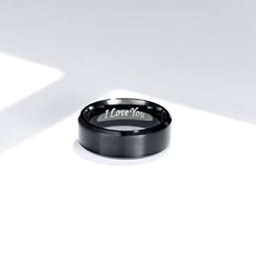 King Will BASIC 8mm Stainless Steel Ring Black Plated Matte Finish&Polished Beveled Edge with Laser Etched I Love You(12)