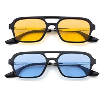 COASION Vintage 70s Flat Aviator Small Frame Sunglasses for Women Men Square Metal Design UV400 Protection Shades (Black Frame/Yellow Lens + Black Frame/Blue Lens)