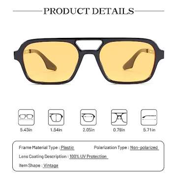 COASION Vintage 70s Flat Aviator Small Frame Sunglasses for Women Men Square Metal Design UV400 Protection Shades (Black Frame/Yellow Lens + Black Frame/Blue Lens)