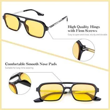 COASION Vintage 70s Flat Aviator Small Frame Sunglasses for Women Men Square Metal Design UV400 Protection Shades (Black Frame/Yellow Lens + Black Frame/Blue Lens)